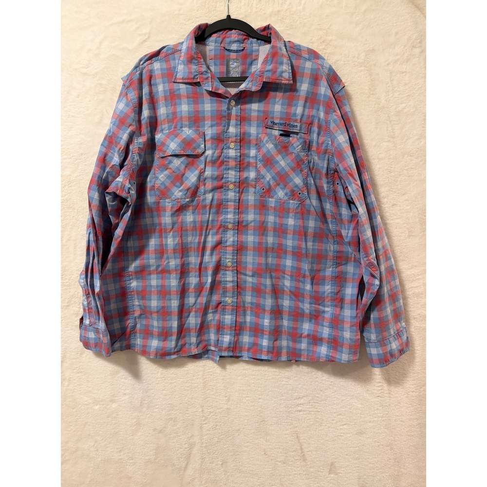 Vineyard Vines Harbor Shirt Mens 2XL Red Blue Plaid Vented Fishing Button Down